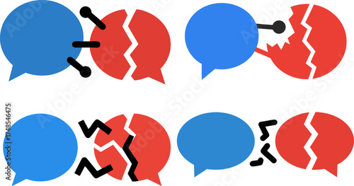 Communication breakdown illustrated with speech bubbles showing conflict and division