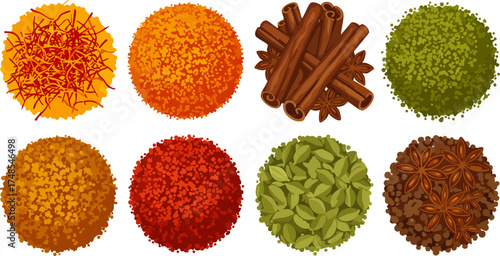 Assortment of aromatic spices arranged in circular shapes on a dark background