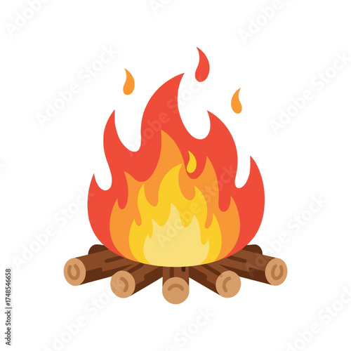 Vibrant campfire illustration with glowing embers and realistic wood logs burning bright vector