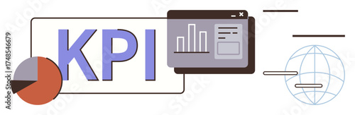 KPI text next to pie chart, analytics report, and globe with connecting lines. Ideal for business, analytics, reporting, performance, strategy management and technology. Simple flat metaphor
