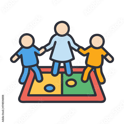 Children playing flat vector illustration with colorful game board