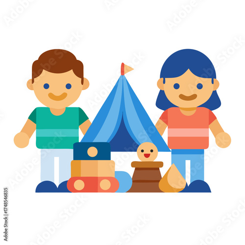 Happy campers at tent site featuring playful block illustrations