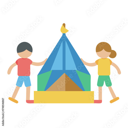 Children Holding Up a Tent Together Flat Design