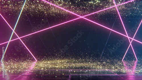 Futuristic pink neon laser lights with sparkling glitter background