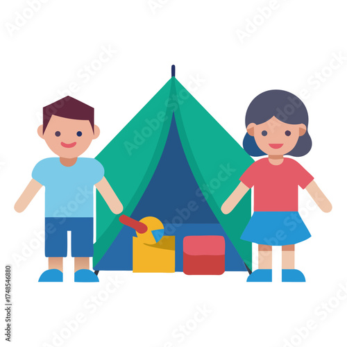 Cartoon Kids Camping: Tent and Recreational Objects, Isolated on Black