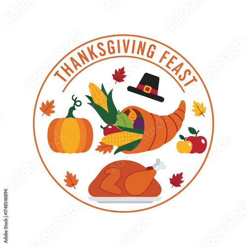 Thanksgiving feast cornucopia autumn harvest pumpkin turkey celebration food vector