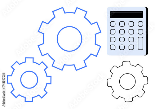 Interlocking gears alongside a calculator symbolize collaboration, optimization, and financial operations. Ideal for technology, engineering, finance, problem-solving, process improvement, teamwork