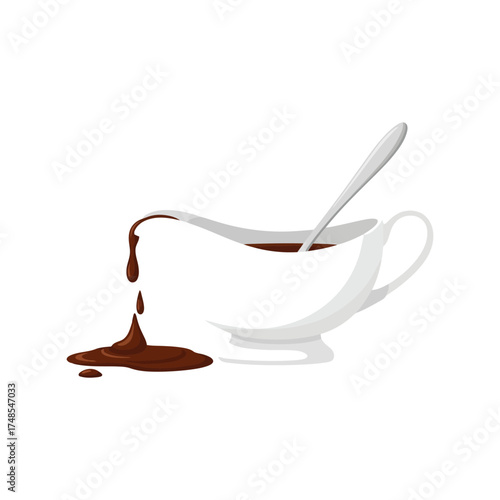 Coffee spill from cup with spoon morning breakfast splash liquid droplets dropping vector