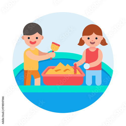 Children playing in a sandbox with colorful toys illustration