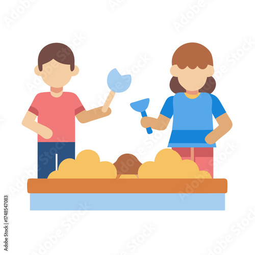 Children playing in sandbox with tools vector illustration image