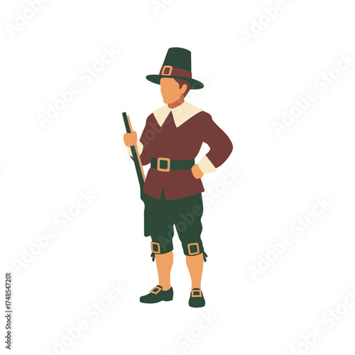 Pilgrim man standing with musket and hat historical costume celebration vector