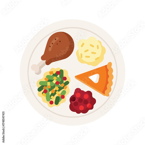 Traditional thanksgiving dinner plate featuring turkey mashed potatoes gravy cranberry sauce and pie vector