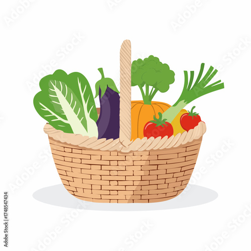 Fresh Harvest Basket Illustration Assorted Organic Vegetables on White Background