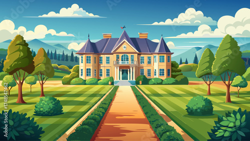 Very beautiful long driveway leading to a large house on a green grassy field, vector-style landscape emphasizing space, luxury, and peaceful rural elegance.