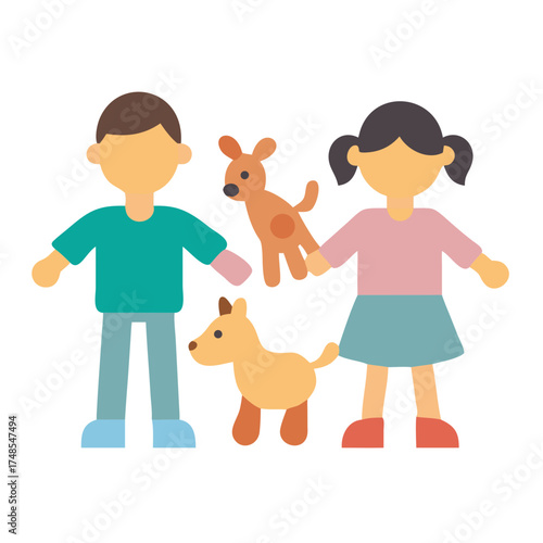 Children with their dogs standing happily on a black background