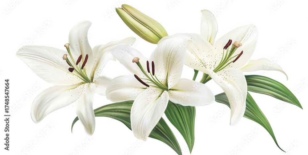 Fototapeta premium A cluster of elegant white lily flowers with prominent stamens and green leaves, isolated on transparent background, showcasing their delicate beauty