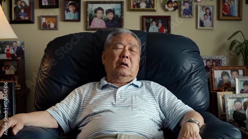 Senior Asian man relaxing, sleeping in chair, surrounded by family photos at home. Rest and nap concept.