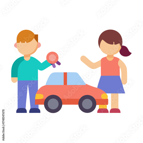 Flat design illustration of children with a toy car