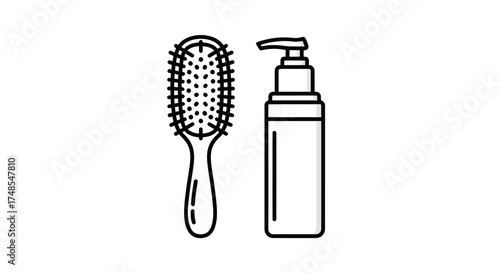 Hairbrush and Lotion Bottle Line Art Illustration.
