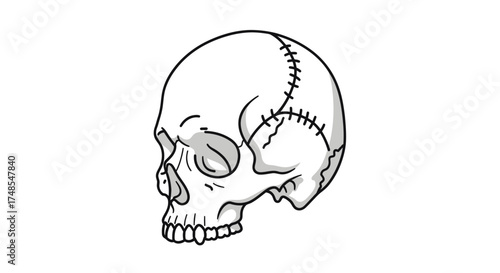 Stylized Human Skull with Stitched Lines Side View.
