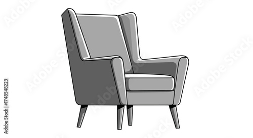 A classic gray wingback armchair with tapered wooden legs.