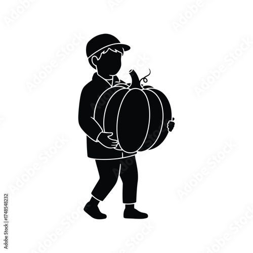 Young boy silhouette carrying large pumpkin autumn harvest celebration fall season vector