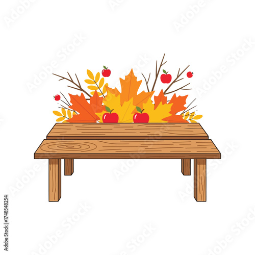 Autumn harvest wooden table arrangement seasonal fall decorations vibrant leaves berries twigs vector