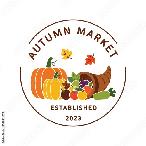 Autumn harvest market emblem featuring pumpkins cornucopia and fall leaves vector