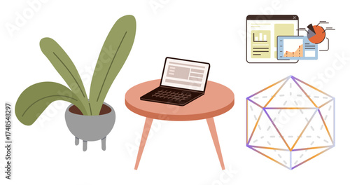 Laptop on wooden table, indoor potted plant, data analysis infographics, geometric 3D model. Ideal for productivity, creativity, workspace design, technology, analytics minimalism conceptual ideas