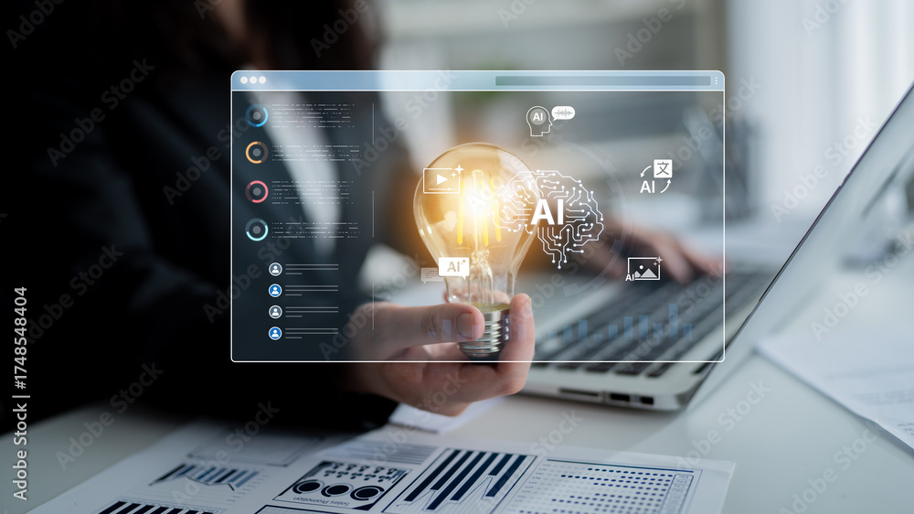 Fototapeta premium A generative AI dashboard for creating diverse multimedia content. The platform's digital brain can generate images, video, speech, and text, as well as perform language translation. Fermion