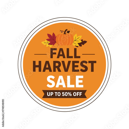 Autumn harvest sale discount offer circular emblem with leaves and text up to 50 percent off vector