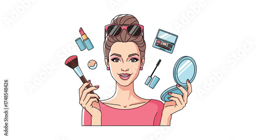 Woman applying makeup with various cosmetic products and tools.