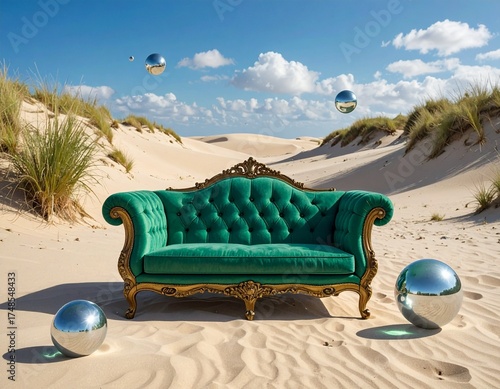 Green velvet sofa in the middle of the desert, futuristic decorative elements
