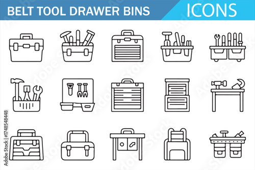 Icon Set of Tool Storage and Organization Bins for Workshop or DIY Projects