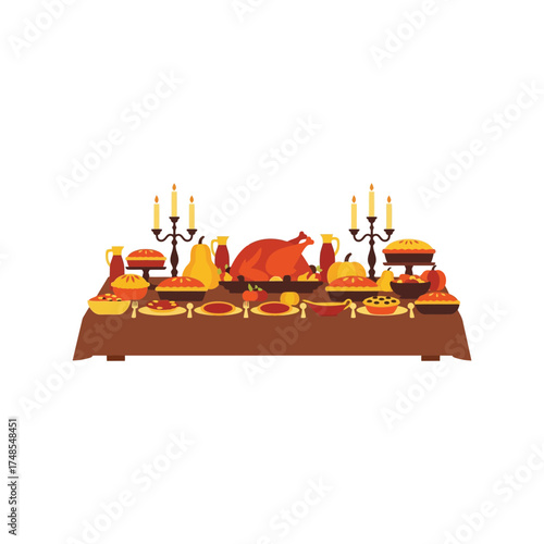 Abundant festive feast table setting with roasted turkey and side dishes for celebration vector
