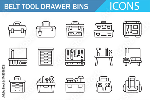 Belt Tool Drawer Bins Icons Collection for Organizing Equipment and Work Tools