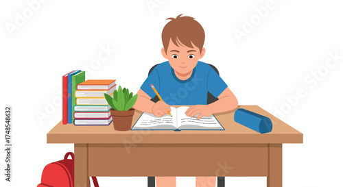 Boy studying at a wooden desk with books and a pencil case.