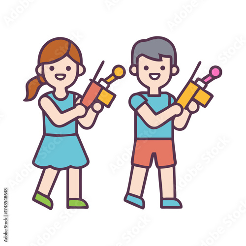 Kids having fun together with toy blasters playing laser tag