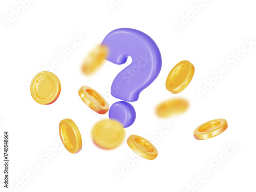 3D question mark with flying golden coins isolated on white background. Business choice, financial uncertainty, investment risk, cashback, money concept. Vector illustration