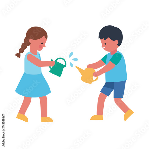 Children playfully watering each other with watering cans illustration