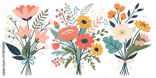Modern abstract floral vector compositions. Collage contemporary bouquets. Hand drawn cartoon style flowers. Minimalism
