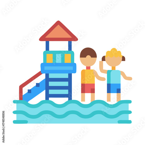 Children at water park with slide structure graphic illustration