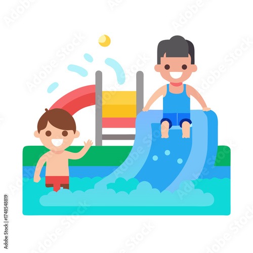 Happy children enjoying water slide fun at waterpark theme