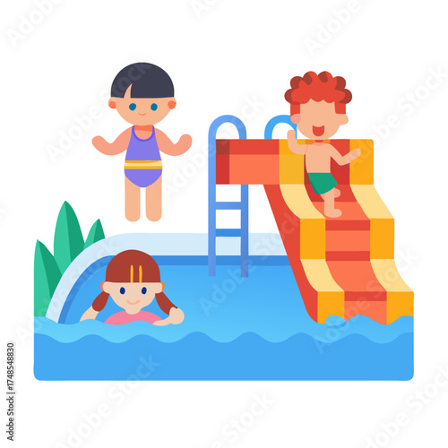 Cartoon kids enjoying the swimming pool with water slide