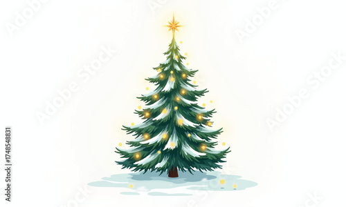 Festive Christmas tree vector with bright yellow fairy lights and green pine leaves, glowing decoration symbolizing warmth, joy, and celebration, perfect for greeting cards, posters, and winter illust