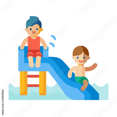 Kids having fun on water slide in summer time