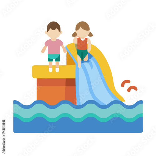 Children playing on a water slide in flat illustration