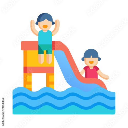 Children enjoying water slide fun in flat graphic design