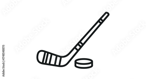Simple black outline icon of an ice hockey stick and puck sports equipment.