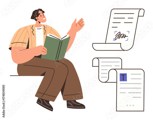 Person engaged in reading a book alongside various scrolls or papers with highlighted text and signatures. Ideal for education, learning, document analysis, research, legal work, creativity